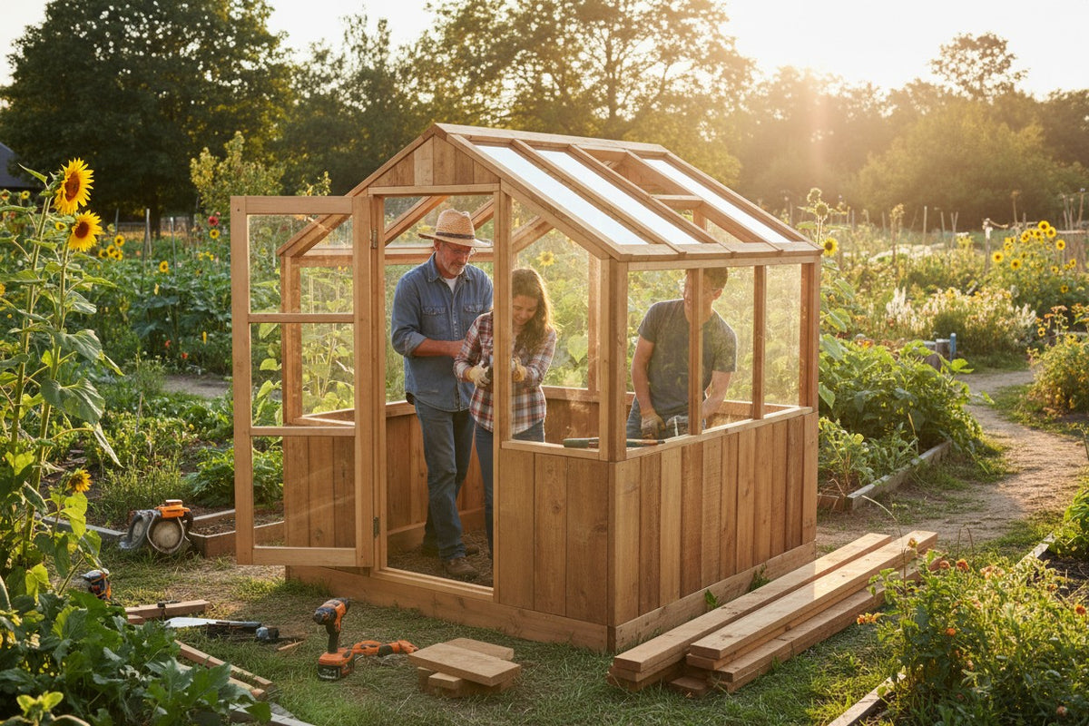 Adult and teens building greenhouse