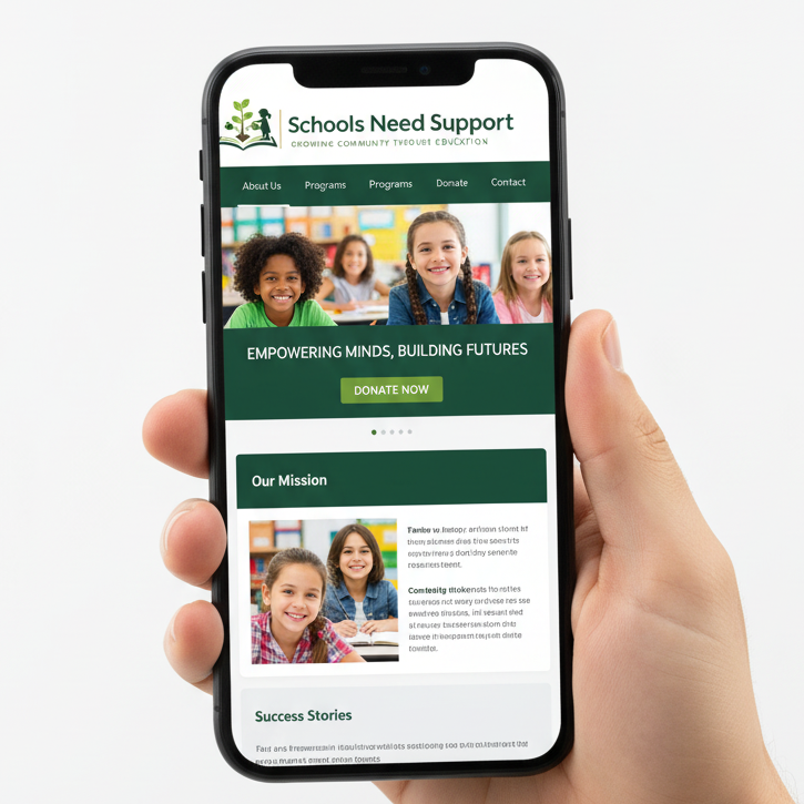 Cell phone displaying Schools Need Support homepage