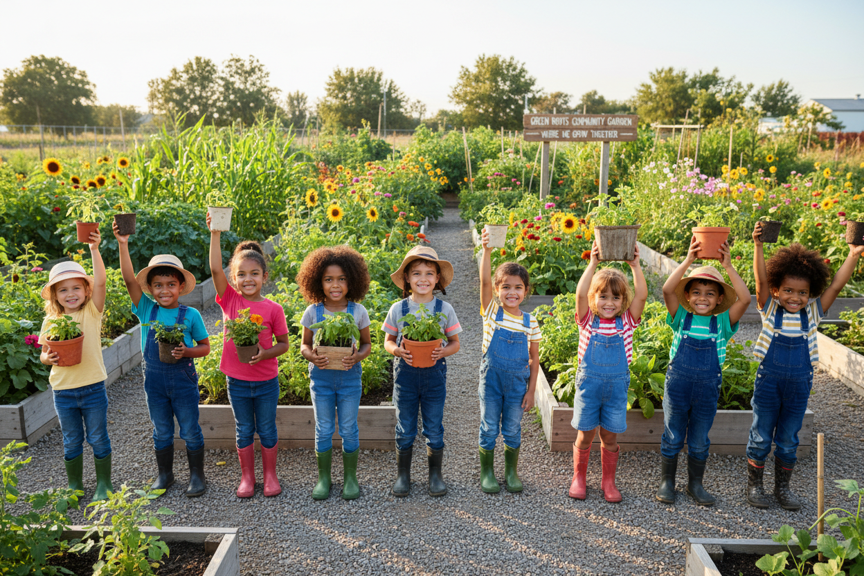 Children holding plants in garden - horizontal composition