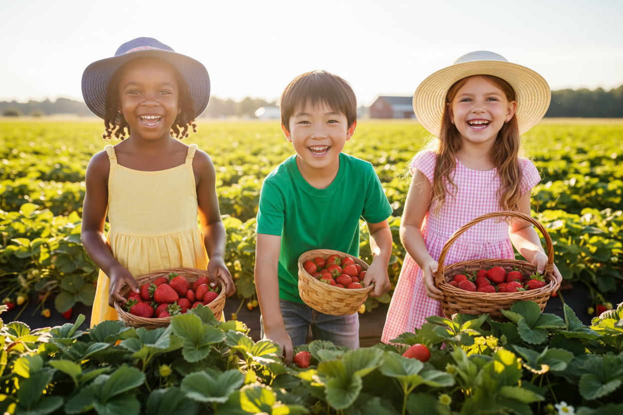 Children smiling and picking strawberries in sunshine