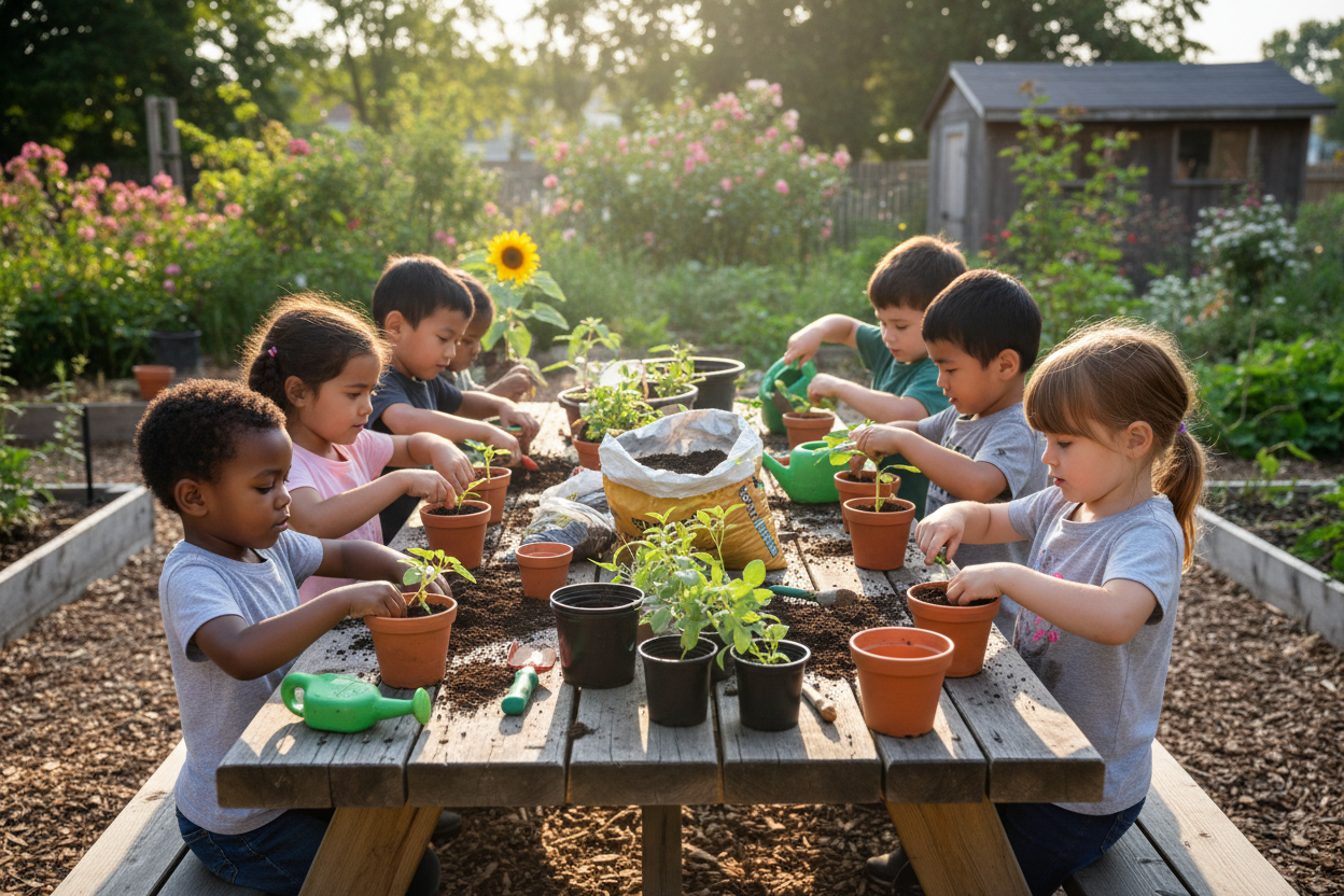Diverse children potting plants at picnic table