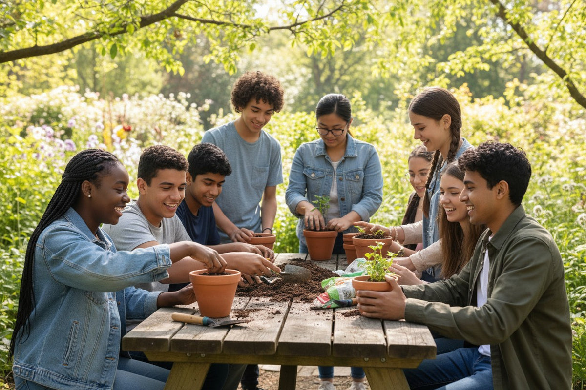 Youth potting plants at picnic table