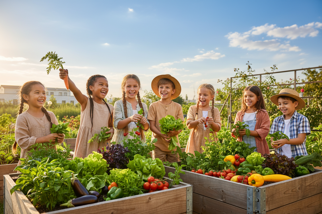 Youth harvesting from raised garden